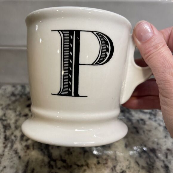 Anthropologie Monogram Initial “P” Coffee Mug Black White 12 Ounces - Picture 2 of 6